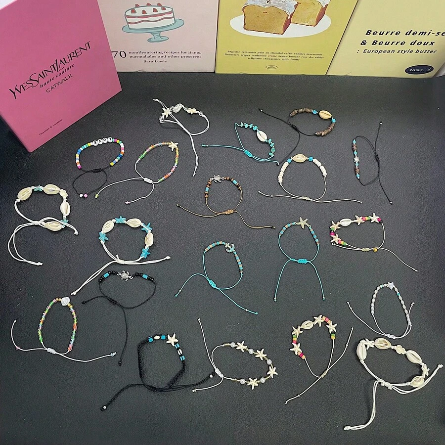 波西米亚贝壳手链，夏季海滩海洋风格贝壳和海星串珠手链，女士