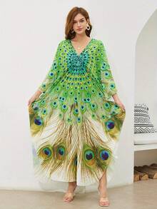 YI XUAN Women's Plus Size V-Neck Peacock Print Beach Dress, Boho Vibrant Green, Peacock Open Screen Print Design, 3/4 Sleeves, Summer Vacation Loose Dress Cover