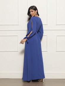FASHION MIX PREMIUM Elegant Long Dress With Slit Long Sleeves With Tie With V-Neckline And Waist Adjustment Plus Size Women's Fits 38 To 44 - 寶藍色 - 查看 3