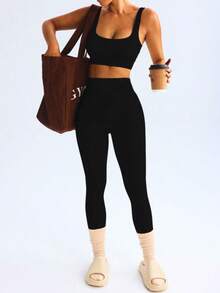 Fitness Set In Ribbed, Full-Bodied Polyamide - Top And Leggings - High Compression - Negro - Ver 3
