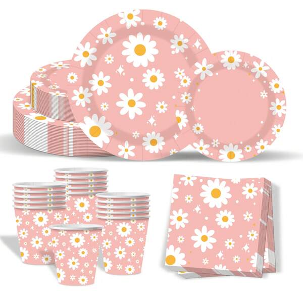 Conjunto de louças descartáveis com tema de margaridas para festas de verão ao ar livre, com 50 peças, incluindo 10 pratos de sobremesa de 7 polegadas, 10 pratos de jantar de 9 polegadas, 10 xícaras e 20 guardanapos, adequado para reuniões de família e amigos, decoração de mesa, festa de fim de ano