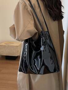 Yogodlns Túi Tote Da Sáng Bóng Thời Trang Màu Trơn Túi Đeo Vai Dung Tích Lớn Túi Bucket Túi Đeo Dưới Cánh Tay Cho Sử Dụng Hàng Ngày - màu đen - Xem 8