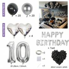 MZYI.LINGER 1050/21/200pcs Black & Silver Party Balloons Decorations, Silver Happy Birthday Banner, Chrome Silver Latex Balloons, Silver Heart Shaped Foil Balloons, 1000pcs Black Rose Petals, Suitable For Birthday Party, Birthday Decoration, Anniversary, Home Decor (18th/19th/20th/21st/25th/30th Birthday)