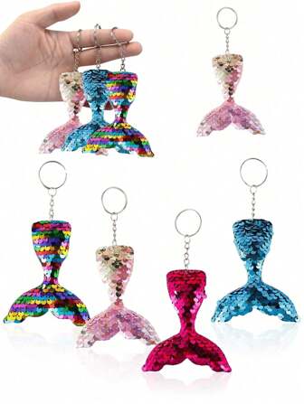 4pcs/8pcs/12pcs-Mermaid Themed Party Fish Scale Glitter Keychain, Ocean Themed Tropical Rainforest, Themed Keychain, Birthday Party Gift Sparkling Keychain Pendant, Men's And Women's Bag Fish Tail Accessoriesmermaid Party Favors Mermaid Keychain