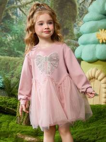 ASK JUNIOR Young Girls' Mesh Patchwork Princess Dress, Girls Round Neck Long Sleeve Mid-Length Dress