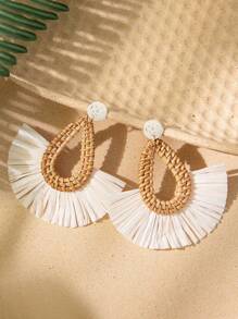 1 par de pendientes de aro con borlas de rafia tejida a mano para mujeres, con un diseño de moda y único, adecuado para playa, océano y estilo de vacaciones