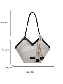 New Fashion All-Match New Contrast Color Design Indentation Design Large Capacity Double Handle Shoulder Tote Bag Suitable For Travel Shopping Commuting To Work With Scarf Decoration Design, Ladies Elegant Wallet, Business Commuter Wallet - View 7