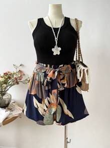 Rusttydustty Plus Size High Waist Floral Shorts, Summer Beach Vacation Casual Pants
