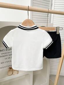 2 件套男婴夏季休闲时尚条纹领短袖上衣和百搭短裤，适合日常穿着、运动和上学 - 白色 - 查看 2