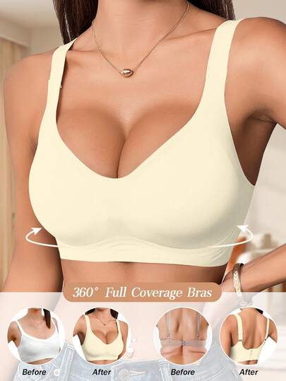 Women's Seamless Wireless Full Coverage Lightly Lined Bra, Soft & Comfortable, With Removable Pads, Basic Daily Sports Style