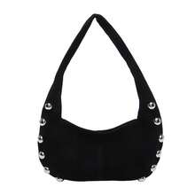 Women Suede Hobo Bag Studded Shoulder Bag Solid Color Handbag - Dark Brown - View 7