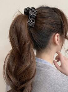 1pc Korean Style Crystal Rhinestone Mesh Bow Design Hair Claw Clip, Elegant Sweet Cute Side Ponytail Clip For Women Daily & Party Wear Fall Winter Hair Clip Hair Accessories For Women For Vacation Outfits Woman
