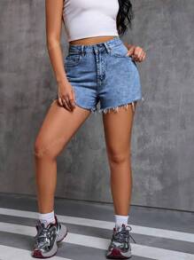 Shorts Denim Casual de Verão com Barra Desbotada e Desfiada