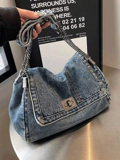 Winter New Fashion Classic Joker Solid Color Retro Wash Jeans Material Metal Chain Shoulder Bag Quilted Embroidery Thread Decoration Design Large-Capacity Shoulder Bag Suitable For Shopping And Outing., Perfect For Cow Girl