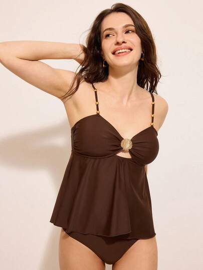 Costasola 2 件套女士夏季优雅度假棕色贝壳金属串珠比基尼带罩衫泳衣套装