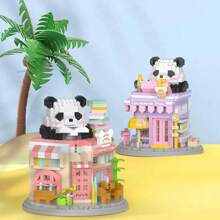 Set de bloques de construcción para armar la cafetería librería con diseño de panda, puzzle de ensamblaje DIY de microgránulos de ABS, juguete creativo, kit de construcción decorativo de ABS, juguete de ensamblaje de alta calidad y desafiante, colección de exhibición de oficina, regalo ideal para Pascua/Día de los Inocentes/Cumpleaños