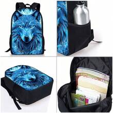 Wolf Pattern Printed Backpack Three Pieces Set (Single-Layer Backpack + Shoulder Strap Lunch Bag + Single-Layer Pencil Bag) Bag For School College - Black - View 3