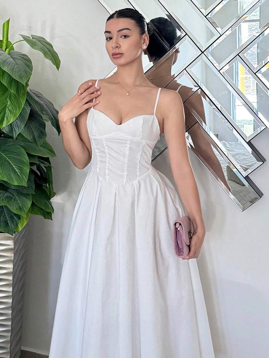 Andrea Bello Damen einfarbiges weißes Spaghettiträger einfaches Lässig Maxikleid - Weiss - Übersicht 1