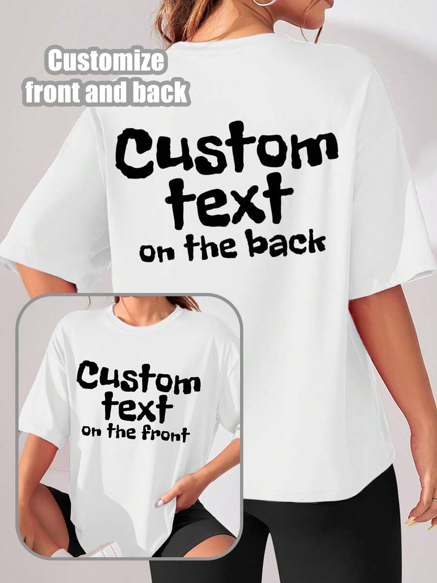 Customized Personalized Gift, Customizable Women's T-Shirt With Front And Back Patterns, Can Add Text, Both Front And Back Patterns Can Be Customized, You Can Choose Your Favorite Color And Font, Design Your Exclusive Personalized Printed T-Shirt As A Gift For Your Girlfriend, Also Available In Hoodies, Couple Date T-Shirts, Etc. Comfortable And Casual, Women's Tops, Customized Printed Tops, Customized Women's Short Sleeve T-Shirt - White - View 1