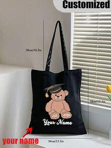 Customized Name Canvas Bag, Customizable Graduation Teddy Bear Handbag - Personalized Name, Cute Animal Design, With Graduation Cap And Diploma, Perfect Graduation Gift For Her Or Him, Personalized Handbag, Customizable Name Or Text