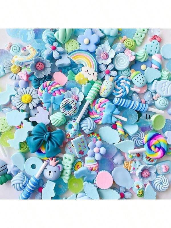 20 pezzi/confezione Assortimento casuale di ciondoli carini, confezione mista di ciondoli in resina piatta blu per fai da te, artigianato, decorazioni e scrapbooking