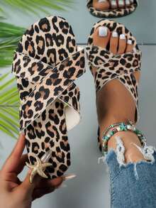 2025 modische Leoparden Muster Slide Sandalen für Damen, bequeme lässige Strandpantoffeln für den Sommer - Braun - Übersicht 1