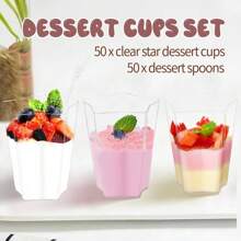 25/50/100 piezas Tazas de postre de plástico de 2,5 oz, 70ml forma de pentágono, tazas transparentes de postre para parfait, aperitivo, reutilizables, cuencos para servir postre, pudín, mousse para fiestas (5 X 6,1cm)