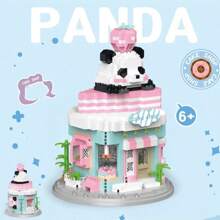 Set de bloques de construcción para armar la cafetería librería con diseño de panda, puzzle de ensamblaje DIY de microgránulos de ABS, juguete creativo, kit de construcción decorativo de ABS, juguete de ensamblaje de alta calidad y desafiante, colección de exhibición de oficina, regalo ideal para Pascua/Día de los Inocentes/Cumpleaños