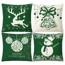 4 Stücke Weihnachts-Leinen bedruckte Kissenbezüge & Stuhlbezüge, geeignet für Wohnzimmer, Bett, Sofa Heimdekoration Kissenhüllen, weich & minimalistisch Sofakissenbezüge, Kissenfüllungen nicht enthalten