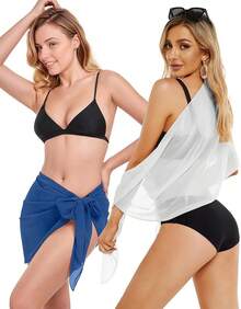 CHICGAL 2 Pieces Women Beach Sarong Bathing Suit Wrap Skirt Sheer Bikini Swimsuit Cover Ups Swimwear - 白色和藍色 - 查看 4