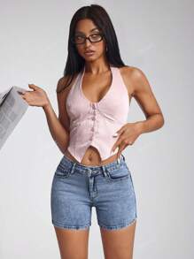 Jeanoix Alphabet Badge Stretchy Slim Fit Denim Shorts