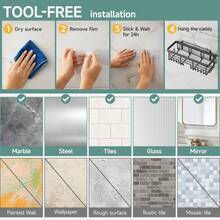 6件套淋浴架，浴室淋浴收纳架，黑色淋浴架，适用于室内淋浴间，不锈钢壁架篮，粘贴式安装篮、收纳箱和容器，开学季适用 - 黑色 - 查看 9