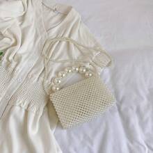 女士白色串珠手提包，时尚编织珍珠托特包，别致单肩包，春夏时尚 - 白色 - 查看 6