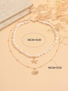 2pcs/Set Summer Beach Vacation Style Shell & Starfish Pendant Necklace For Women, Fashionable Metal Handmade Chain Versatile Neck Jewelry Suitable For Daily Wear And Beach Travel. The Natural Shell Shape And Pattern Size Are Random.