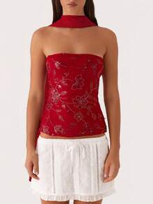 Women Y2K Sequin Tube Top With Neck Scarf Sparkly Floral Bandeau Cami Pearl Embellished Glitter Rhinestone Going Out Shirt - 紅色 - 查看 1