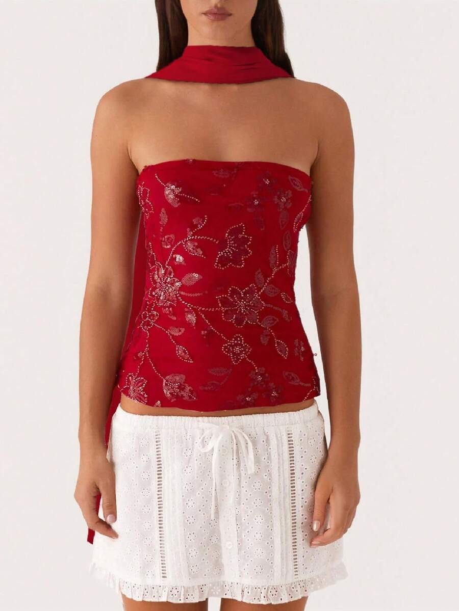 Women Y2K Sequin Tube Top With Neck Scarf Sparkly Floral Bandeau Cami Pearl Embellished Glitter Rhinestone Going Out Shirt - 紅色 - 查看 1