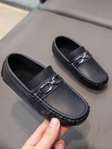 男童商务休闲乐福鞋，轻便防滑一脚蹬皮鞋，中大童英伦风格正装鞋 - 黑色 - 查看 5