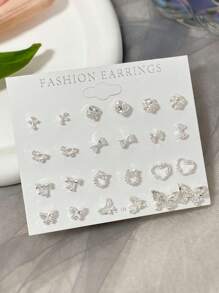12 Pairs Silver Tone Pastel Butterfly Stud Earring Set, Chic And Simple Zinc Alloy Earrings, Fashionable For Daily Wear, Great Gift For Girlfriend