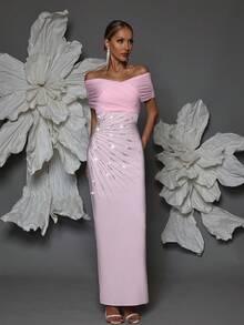 Handmade Beaded Off-Shoulder Bodycon Bandage Dress, Sexy & Fitted, Suitable For Family Gatherings, Parties, Banquets - Pink - View 5