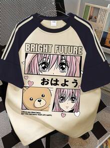 Camiseta de manga corta para adolescentes con estampado de anime "Futuro brillante", de tela suave tipo teddy para uso diario cómodo
