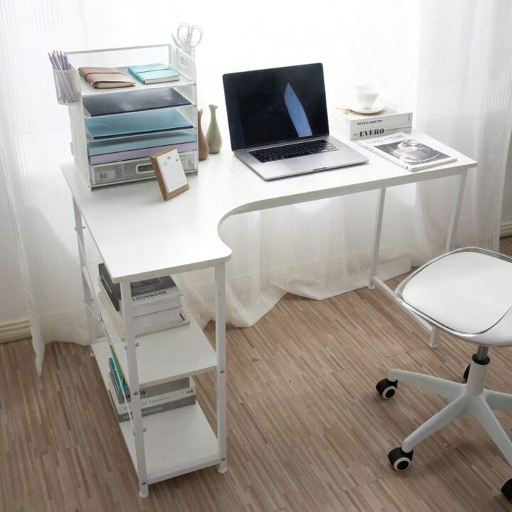 ホワイト パソコンデスク L字 120cm 2段ラック付 デスク木製