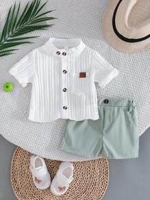 Set da 6 pezzi Outfit per bambini maschio, composto da camicia con colletto alla coreana e pantaloncini comodi, in stile britannico