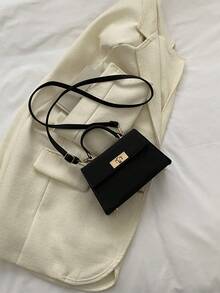 Fashionable Solid Color PU Embossed Flap Metal Closure Handbag - Black - View 10