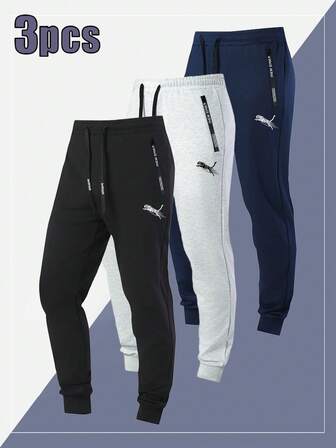 3pcs Men's Drawstring Knit Elastic Waist Sweatpants, Simple Zipper Pocket Design