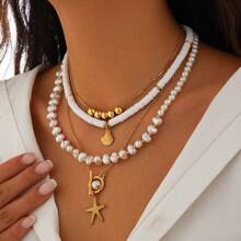 4pcs/Set Beach Style Shell Necklace Set, Baroque Faux Pearl Vintage Bohemian Style Women Necklace