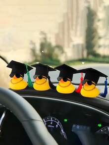 2pcs Stylish Yellow Duck With Black Hat And Bow-Silicone Car Dashboard Decoration Accessories, Couple Duck Car Decoration, Yellow Duck Decoration-Unique Gifts For Graduates, Car Ornaments, Car Interiors