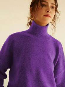 Knit Mix 女士高领宽松针织毛衣，适合秋冬季节，加厚长袖套头衫，复古风格，时尚百搭，适合圣诞节、新年、情人节、开学季等场合。 - 紫色 - 查看 10