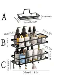 1pc Iron Storage Rack With Hook, Multifunctional Black No Perforation Wall Mounted Corner Storage Rack For Bathroom