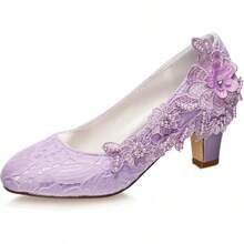 Emily Bridal Wedding Shoes Women's Silk Like Satin Chunky Heel Pumps With Stitching Lace Flower Crystal PearlChristmas - Tím nhạt - Xem 1