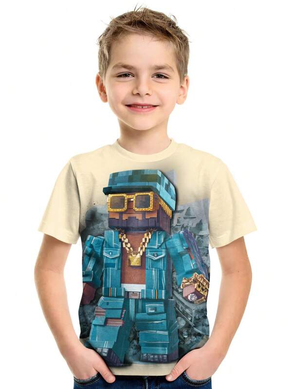 Casual & Fashionable Cartoon Graphic Round Neck Short Sleeve T-Shirt, Children's Outdoor Clothing, Hot Selling All Season